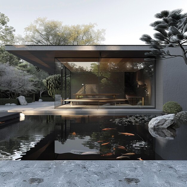 Japanese Tea House Surrounded by Koi Pond and Zen Garden