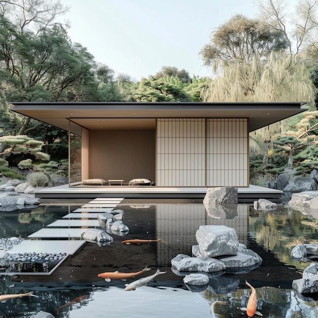 Japanese Tea House Surrounded by Koi Pond and Zen Garden