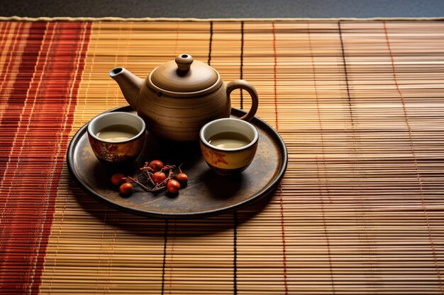 Japanese tea served with hot teapot and teacups on bamboo mat