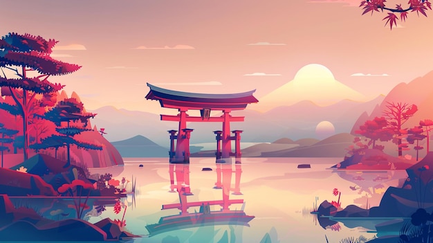 Photo japanese temple illustration gradient cartoon background with lake