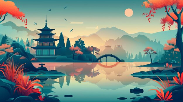 Photo japanese temple illustration gradient cartoon background with lake