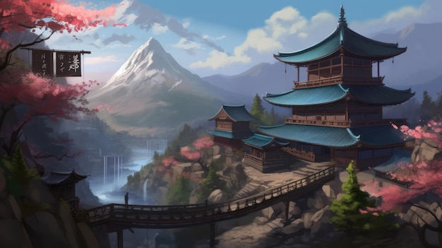 A japanese temple in the mountains with a mountain in the background