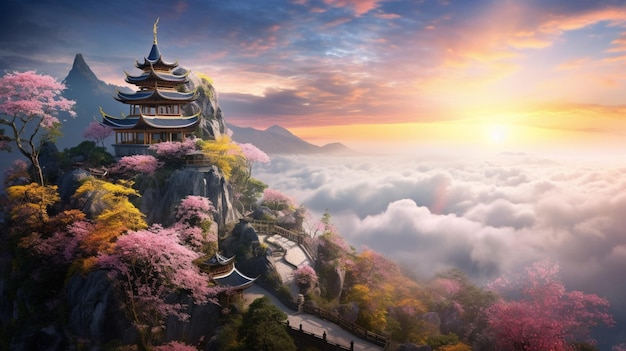 Japanese temple with cherry blossom spring season image Ai generated art