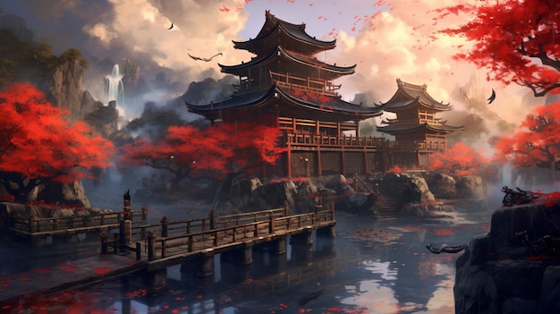 Japanese temple with landscape sky background digital painting wallpaper image AI generated art