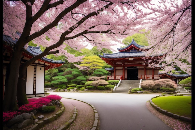 A japanese temple with a tree in the foreground and a pink flower in the background.