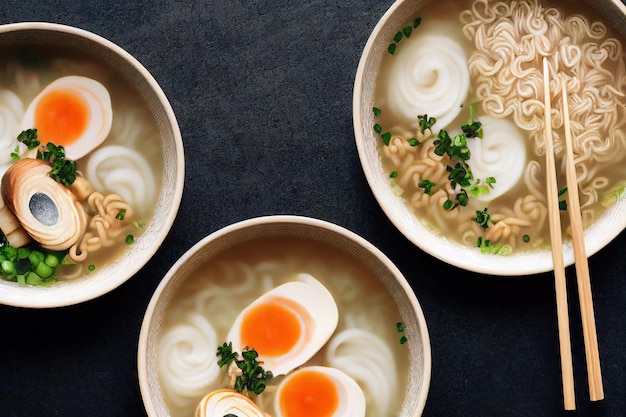 Japanese tonkotsu ramen bowl with aromatic meat broth and herbs