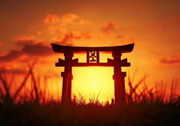 Japanese Torii Gate Silhouette at Sunset with Japan Word Obon Japan Festival Theme