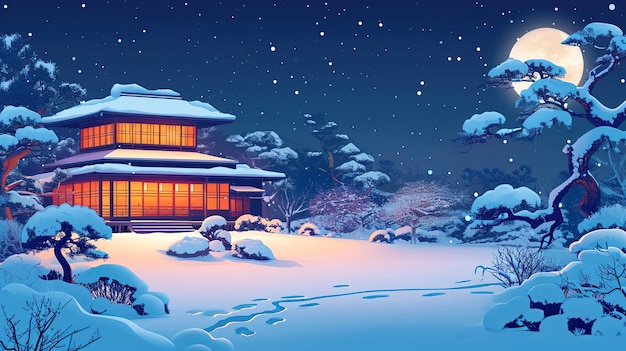 Japanese Traditional Inn Winter Night Scene with Snow