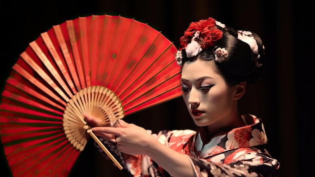 Japanese war dance with fans performed by skilled geisha Japanese aesthetics woman in martial arts makeup geisha Concept of a militant girl equal rights female independence Generative by AI