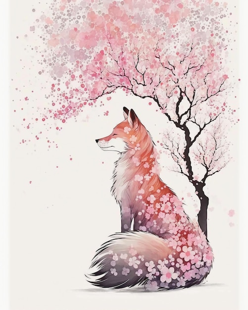 Japanese watercolor sakura fox cartoon style minimalist