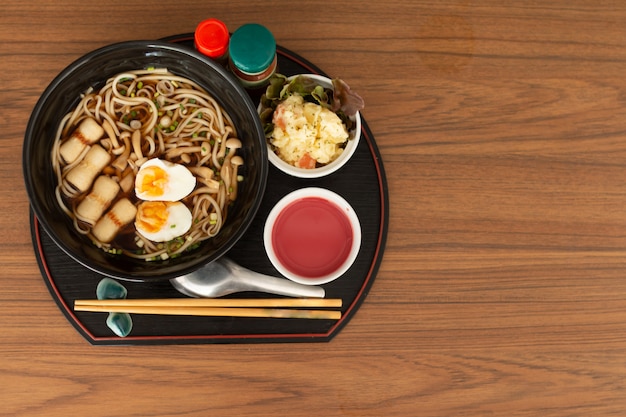 Japanese wheat noodle, Udon noodle on wooden table 