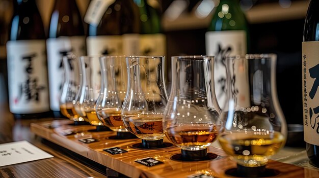 Japanese whiskey with selection of single malts and blends Alcohol glass tasting sommelier bar club quality drink People enjoy aromatic drinks and company of friends concept Generative by AI