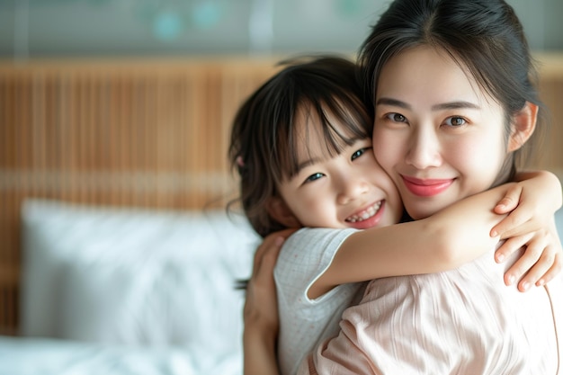 Japanese woman and her little daughter hugging in bedroom