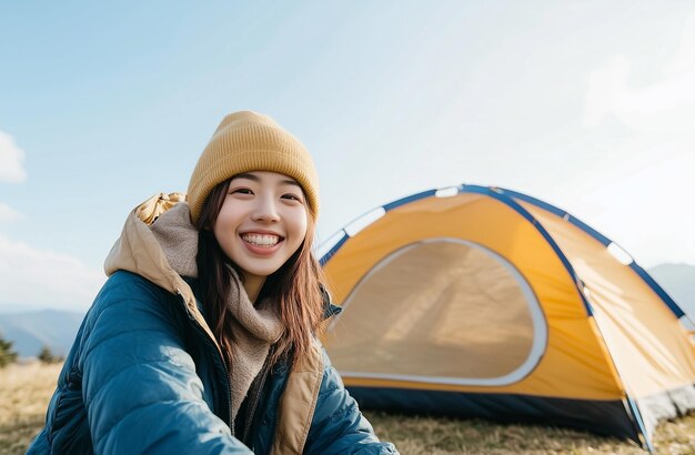 Photo japanese woman smiling brightly in front of tent