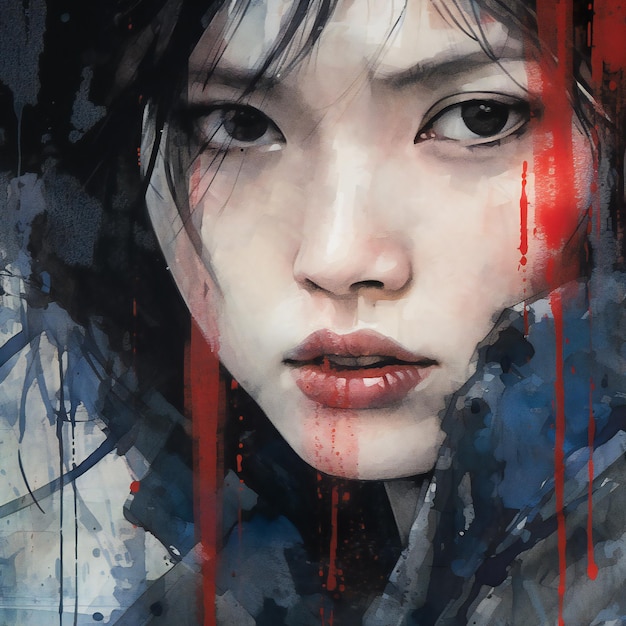 Japanese woman in the style of poster art traditional japanese dark white and red closeup