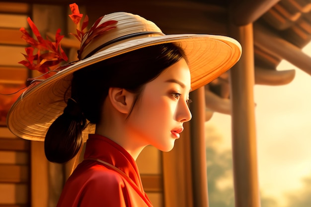 Japanese woman in traditional dress Photo in profile against the background of Japanese houses Art