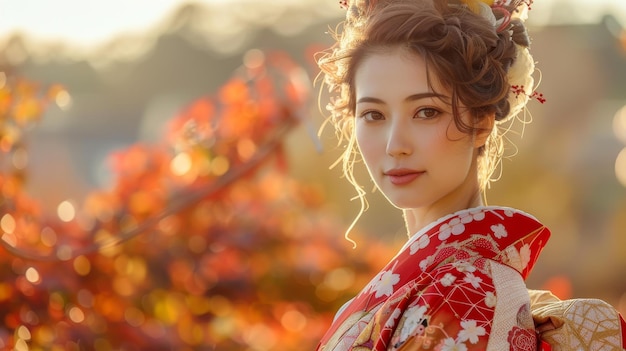 Japanese Woman in Traditional Kimono During Autumn