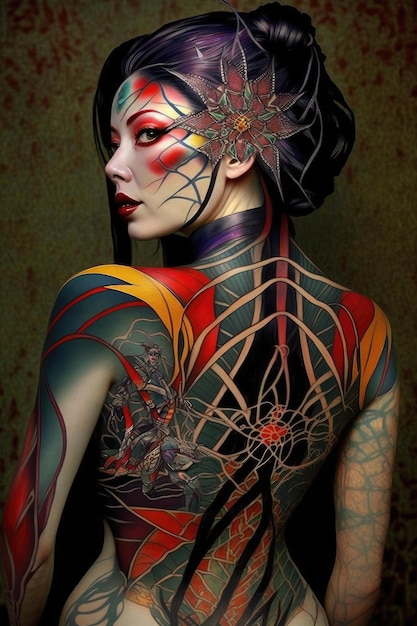 Japanese woman with spider tattoo on the body scary halloween character design