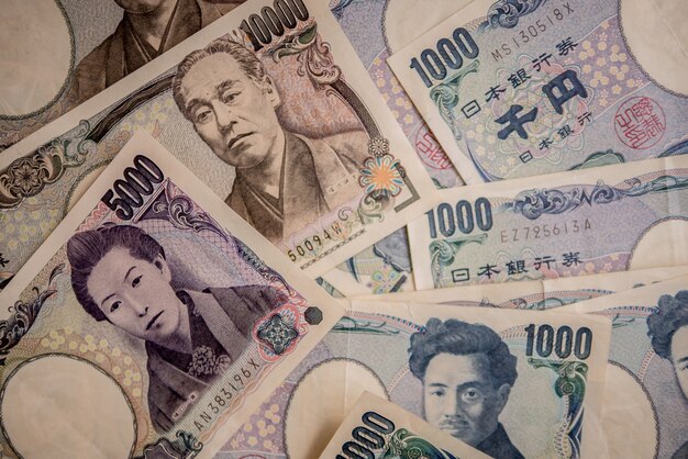 Japanese Yen Banknotes close up shot and stack layers. Japanese currency.