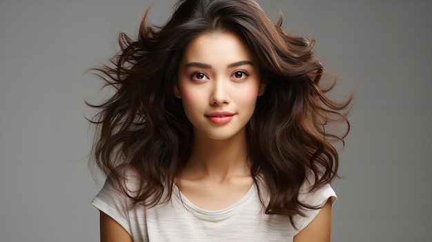 A Japanese young woman with brown hair isolated on background