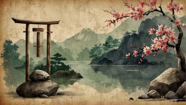 Japanese zen garden composition with sakura blossom zen rock sculpture and bamboo wind chime on vintage background Translation of hieroglyphs zen freedom nature Watercolor illustration