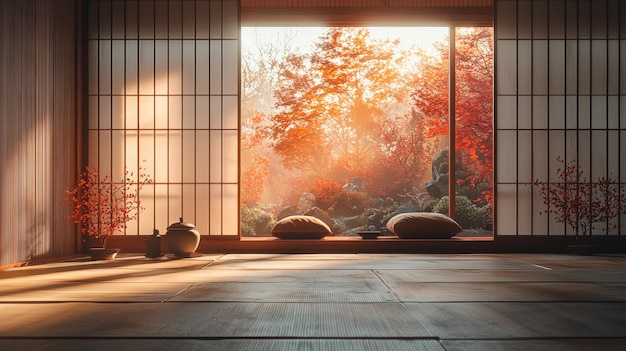 Japanese Zen Room Interior with Autumn View