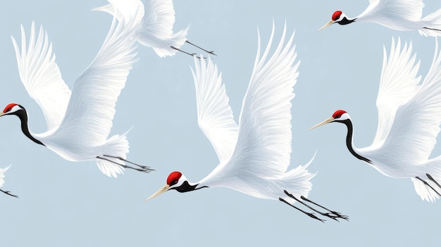 Photo a japaneseinspired crane pattern with delicate stylized birds flying across a light blue background the cranes are depicted with fine lines and soft graceful curves creating a sense of movement