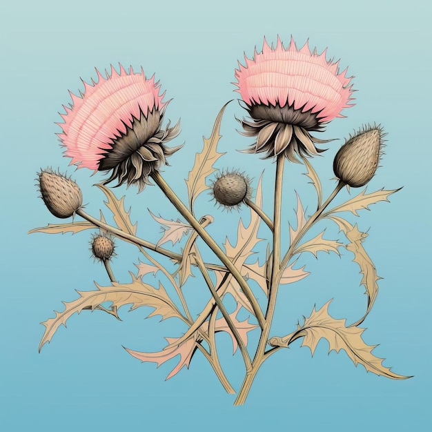 Photo japaneseinspired illustration of thistle on pink background with aquamarine and gold