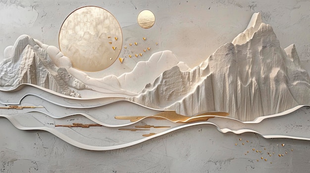 Japanesestyle stucco molding on the wall bonsai mountains sunset