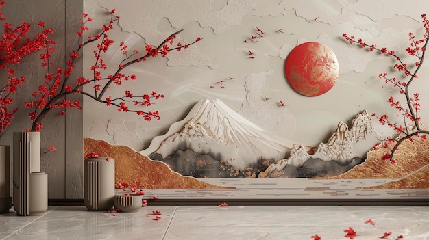 Japanesestyle stucco molding on the wall bonsai mountains sunset