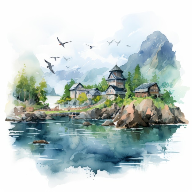 Photo japanesestyle watercolor painting of a serene village by the lake