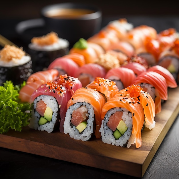 Japanize food fish sushi salmon rice modern food caviar flowers decoration maki