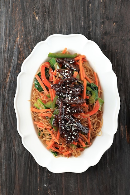 Japchae Chap Chae Korean Noodle Dish with Beef Bulgogi Topping