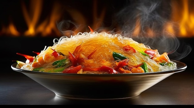 Japchae A Korean dish presenting translucent glass noodles stirfried with vegetables and beef