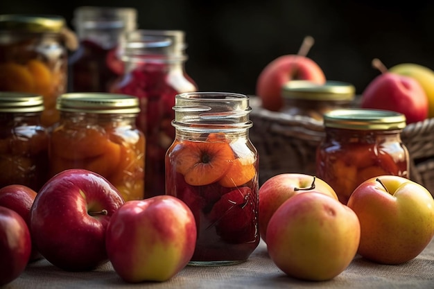 A jar of apples and a jar of pickled peaches