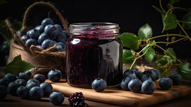 A jar of blueberry jam sits on a wooden cutting board next to a bunch of blueberries.