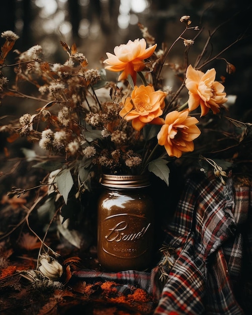 Photo a jar of bridal bouquets with a plaid cloth tied around it