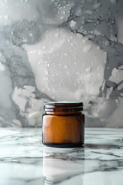 A jar of brown liquid sitting on a marble counter top with a marble background behind it and a tree