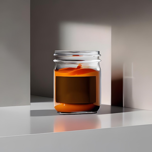 Photo a jar of brown liquid with a white circle on it a honey jar on a white background a glass of jar