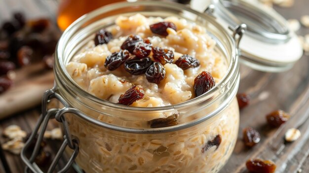 Photo a jar of buckwheat porridge dotted with raisins and served with a side of maple syrup making for a