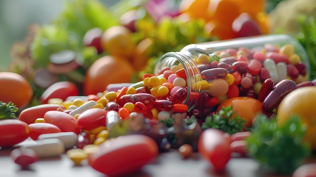 a jar of candy next to a bunch of oranges