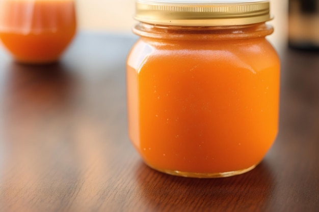 A jar of carrot juice sits on a table.