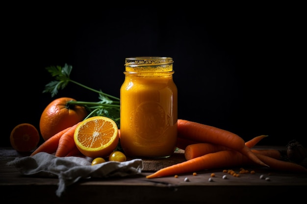 A jar of carrot juice with carrots and other fruits on a table.