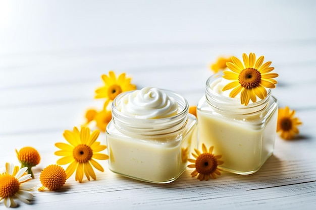 Jar of Chamomile face cream with chamomile flowers with copy space