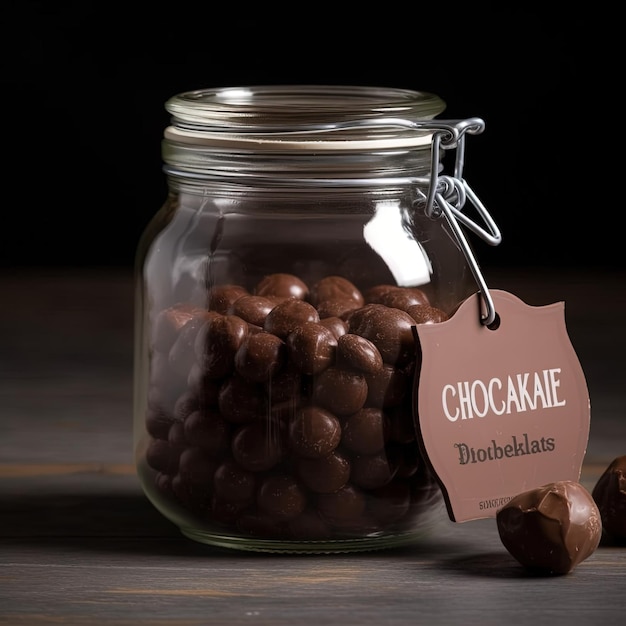 A jar of chocoie chocolatiers sits on a wooden table.