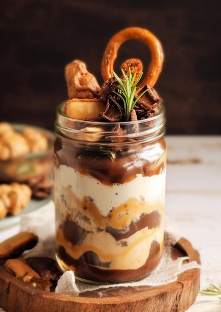 A jar of chocolate and pretzel dessert with a sprinkle of chocolate on top.