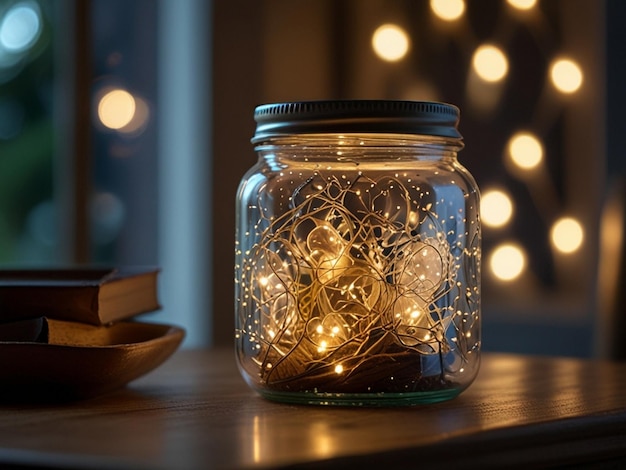 a jar of christmas lights sits on a table