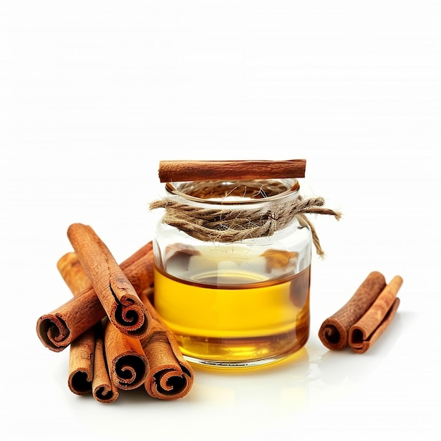 a jar of cinnamon sticks with a string tied around the top