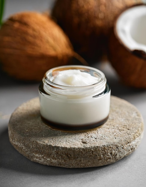 Photo jar of coconut body butter on round stone podium organic beauty product natural cosmetics