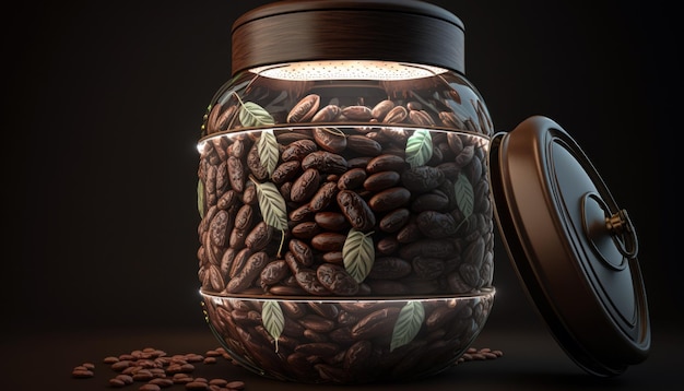 A jar of coffee beans with the word coffee on the top.